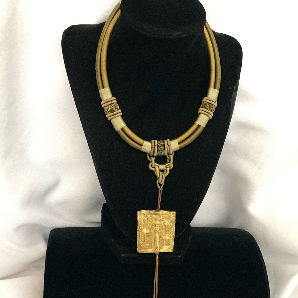2 STRAND OLIVE GREEN SILK & MACRAME CORDED NECKLACE with GEOMETRIC PENDANT